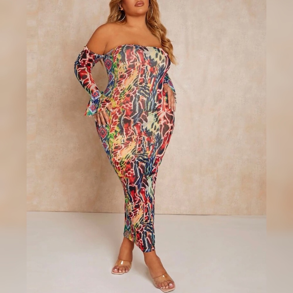 Sexy Graphic Print Off Shoulder Flair Sleeve Bodycon Mesh Dress